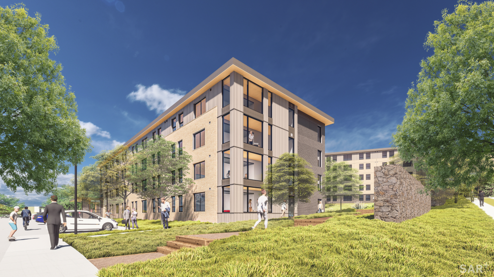 Rendering of Mines Park complex with people and landscaping 
