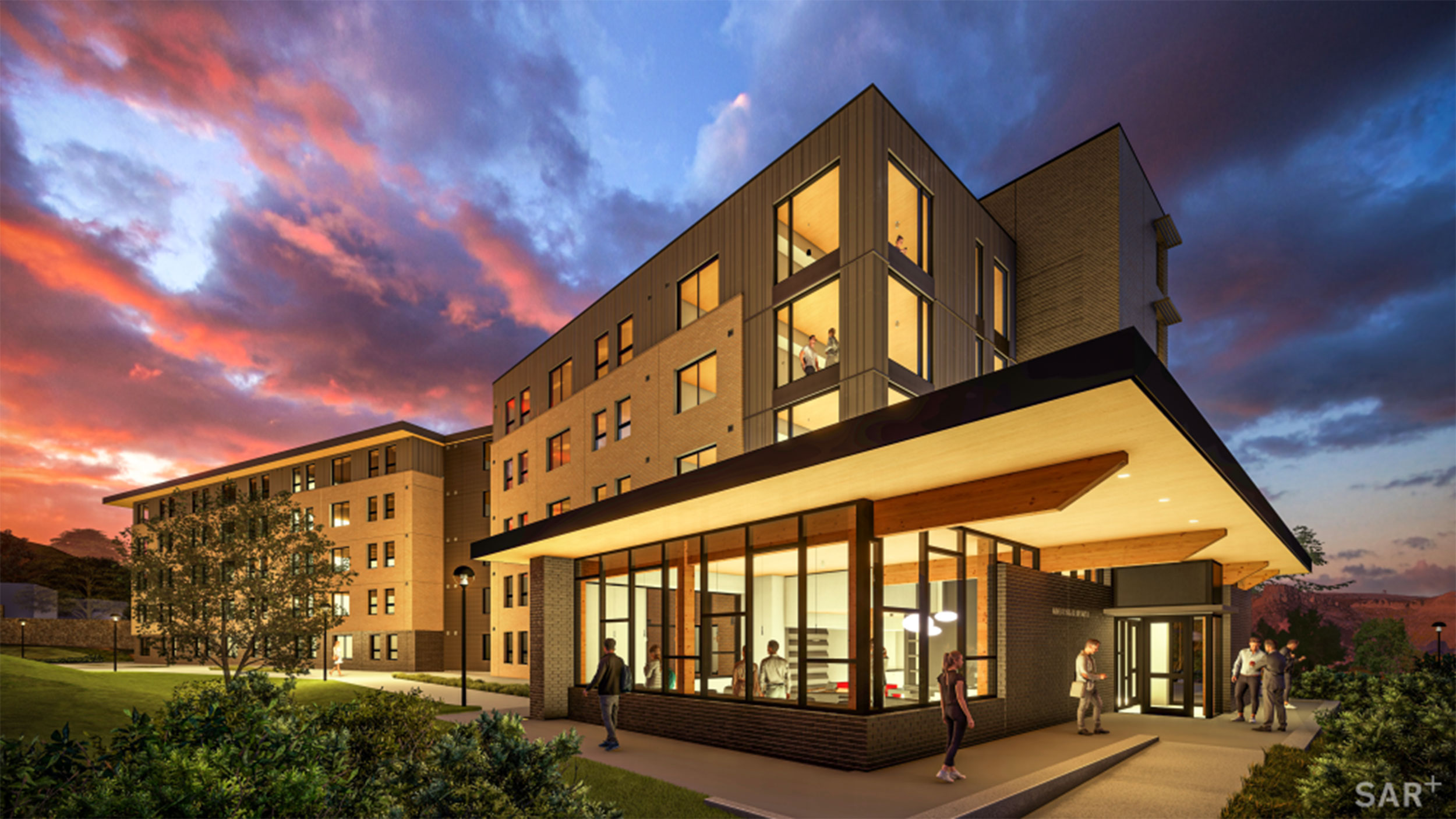 Rendering of Mines Park upperclass undergraduate and graduate student housing at twilight