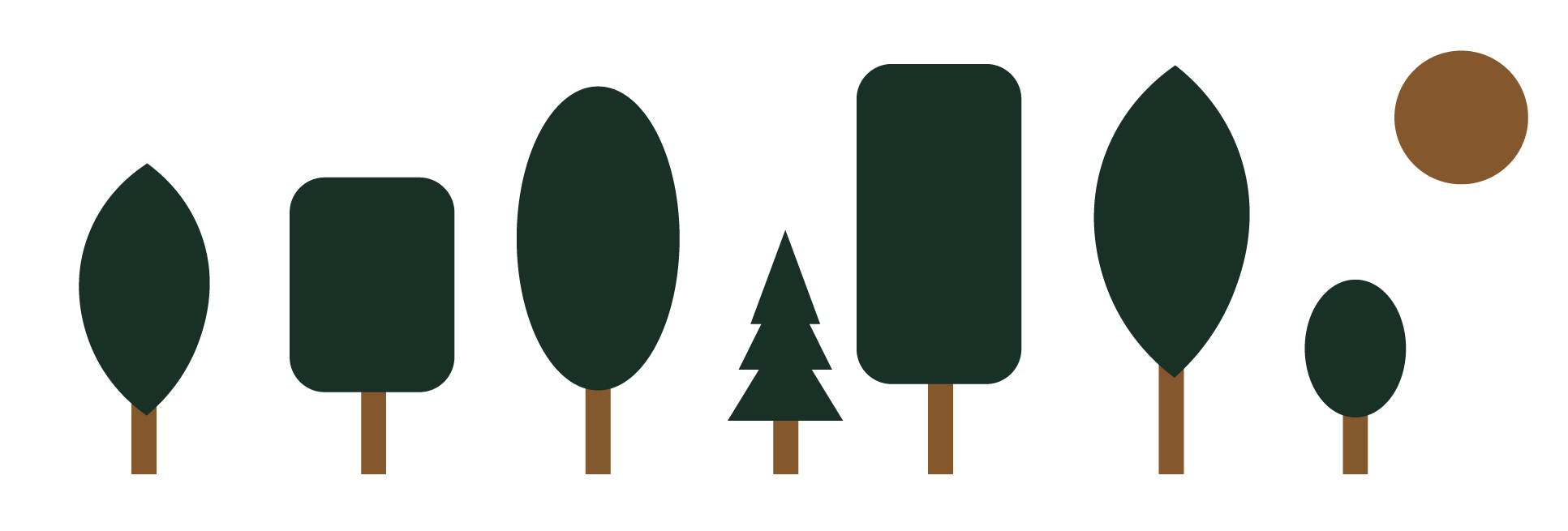 A stylized graphic collection of various green tree shapes and one brown sun