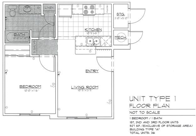 Blueprint layout for Mines Park Graphite one-bedroom apartment unit